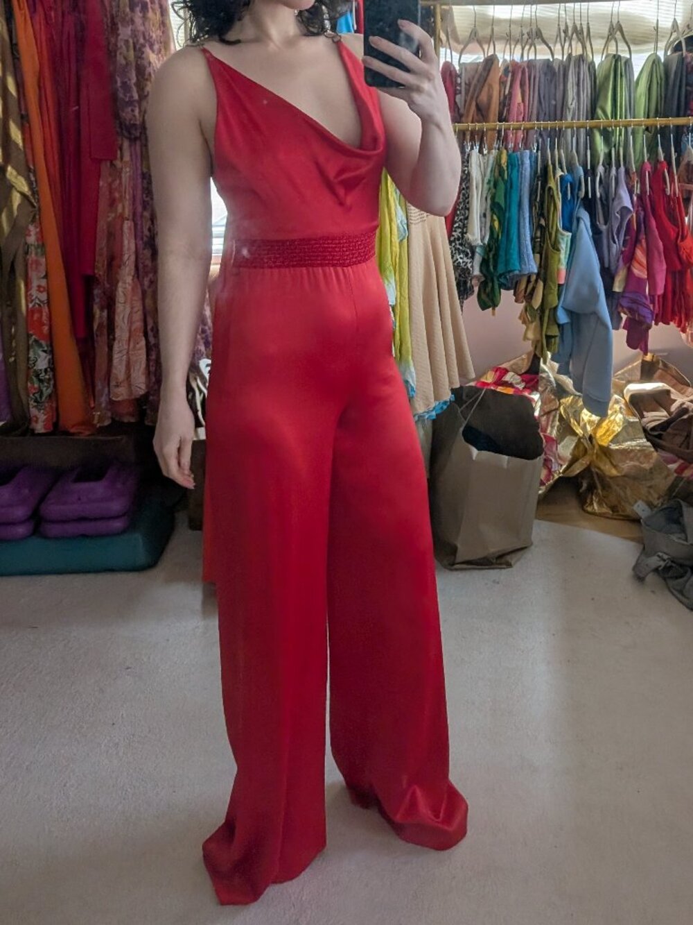A+O Riska Cowl Neck Chain Strap Jumpsuit in Red & Gold - Picture 2 of 16